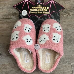 Cobwebs & Cauldrons Memory Foam Pink Ghost Slippers, Pink Ghost Slippers